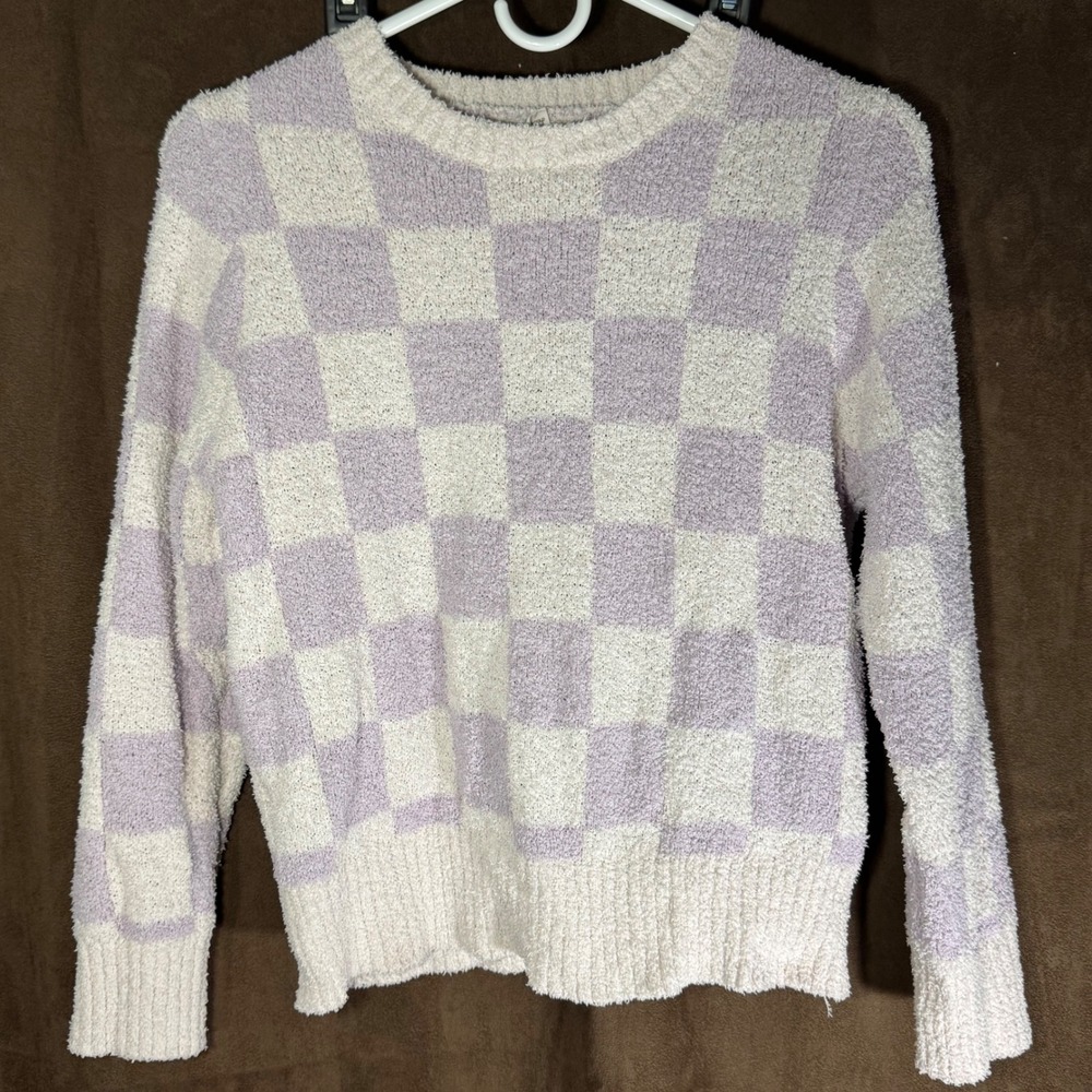 Maddie & Michelle Kids Size 16 Checkerboard Fuzzy Knit Sweater Pullover Lilac
